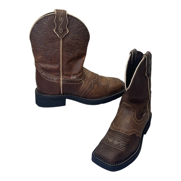 Justin Gypsy Mandar Brown Leather Square Toe 8” Western Cowgirl Boot Size 6B - Picture 1 of 16